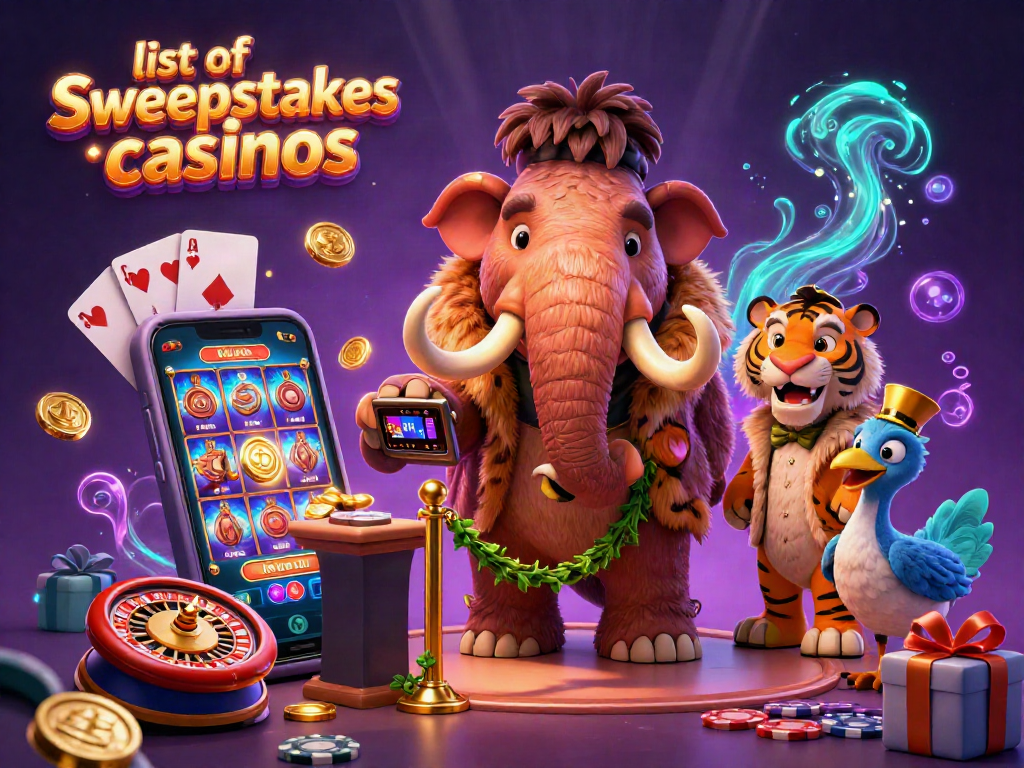 Engaging scene depicting a woolly mammoth bouncer, a saber-tooth VIP, and a dodo doorman outside a vibrant casino showing a list of sweepstakes casinos.
