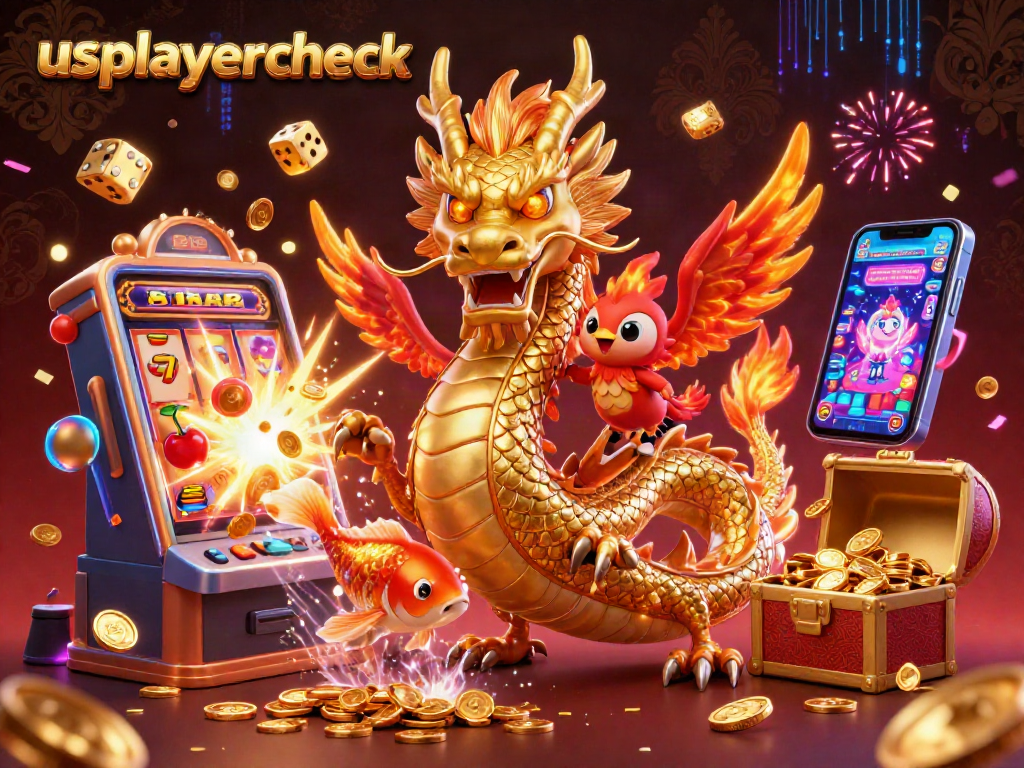 Experience winning at usplayercheck with vibrant casino action featuring a golden dragon, phoenix, and coins.