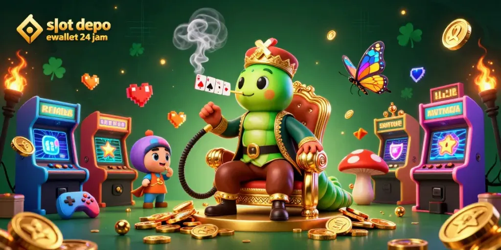Spin the reels with slot depo ewallet 24 jam in a vibrant 3D casino illustration filled with energy.