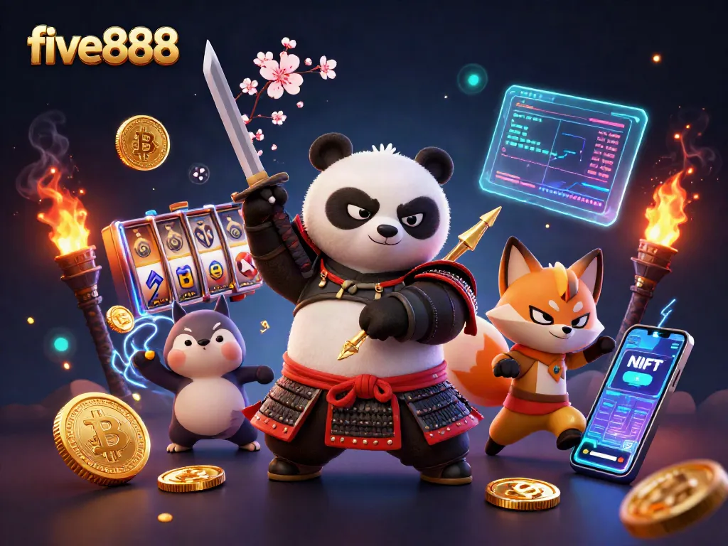 Engage in thrilling gaming at five888 with a dynamic scene featuring samurai panda, ninja fox, and tanuki.