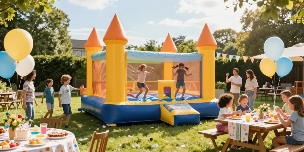 Children enjoying a bouncy castle at a vibrant birthday party outdoors.