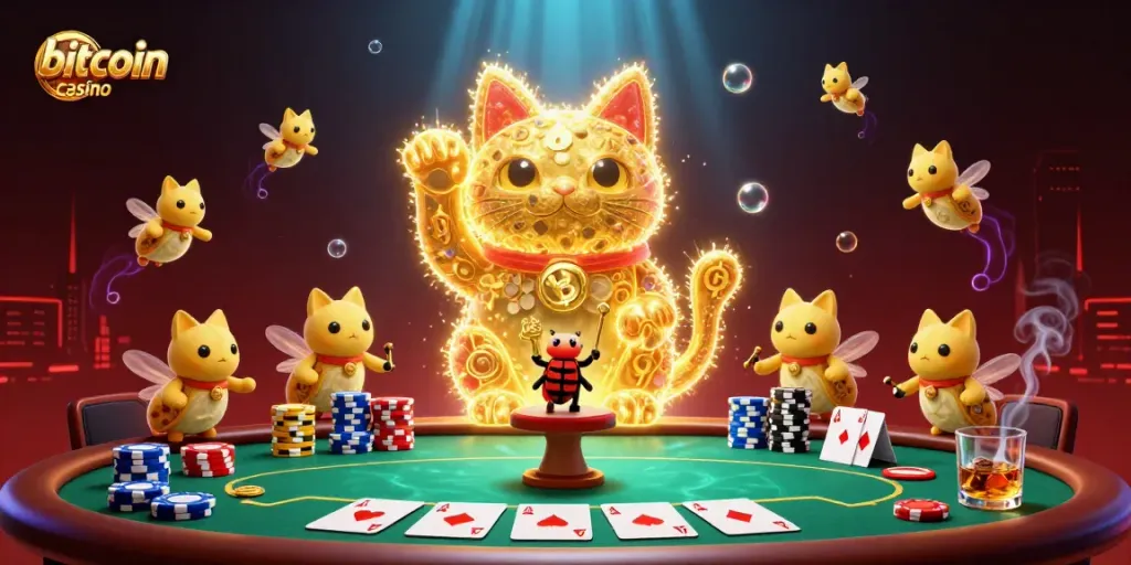 Experience an exciting bitcoin casino scene with a giant lucky cat, poker elements, and vibrant colors.