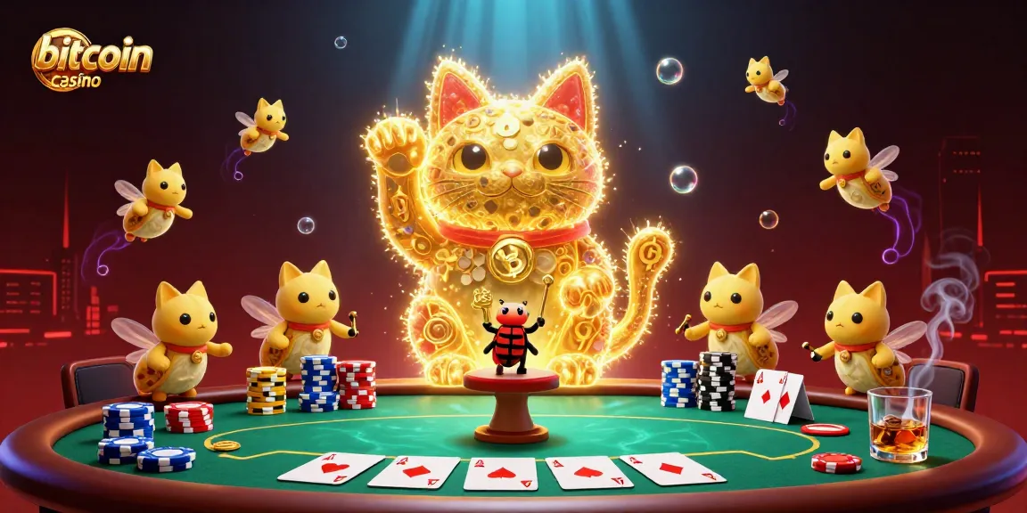 Experience an exciting bitcoin casino scene with a giant lucky cat, poker elements, and vibrant colors.