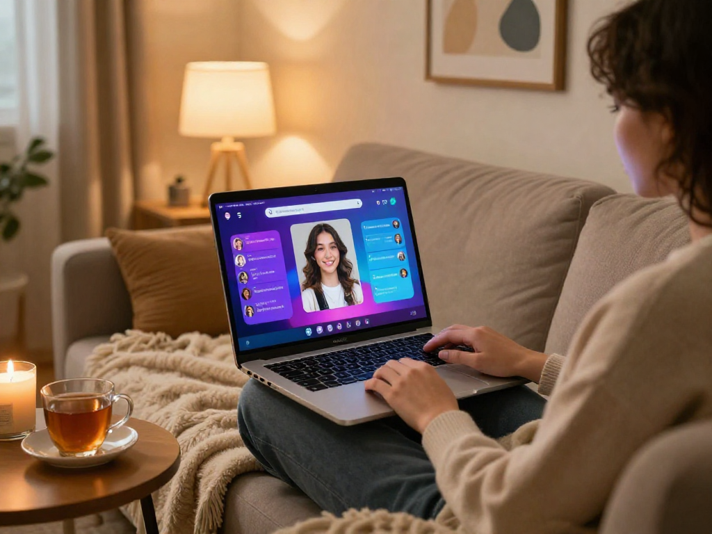 Engaging in ai sex chat on a laptop in a cozy room.
