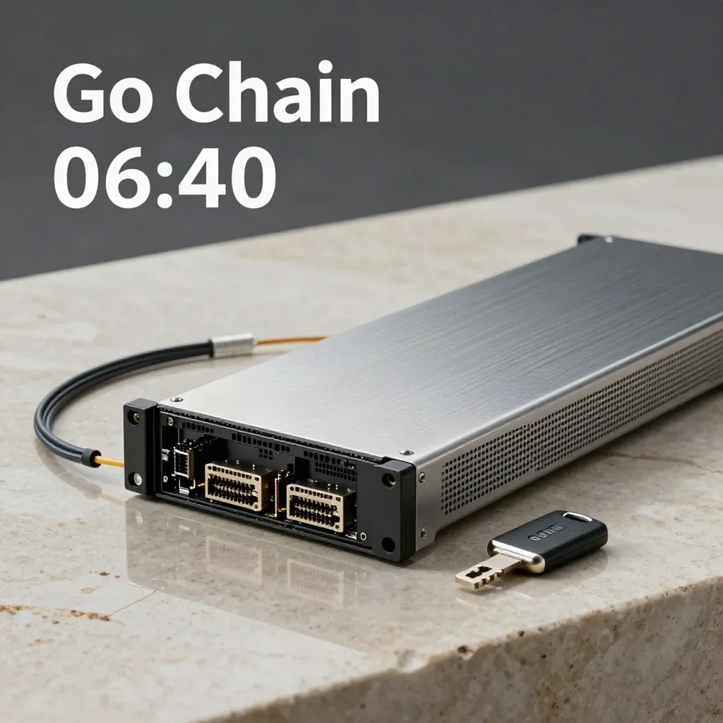 Edge server chassis with fiber cable, SFP modules, and hardware security key on pale stone.
