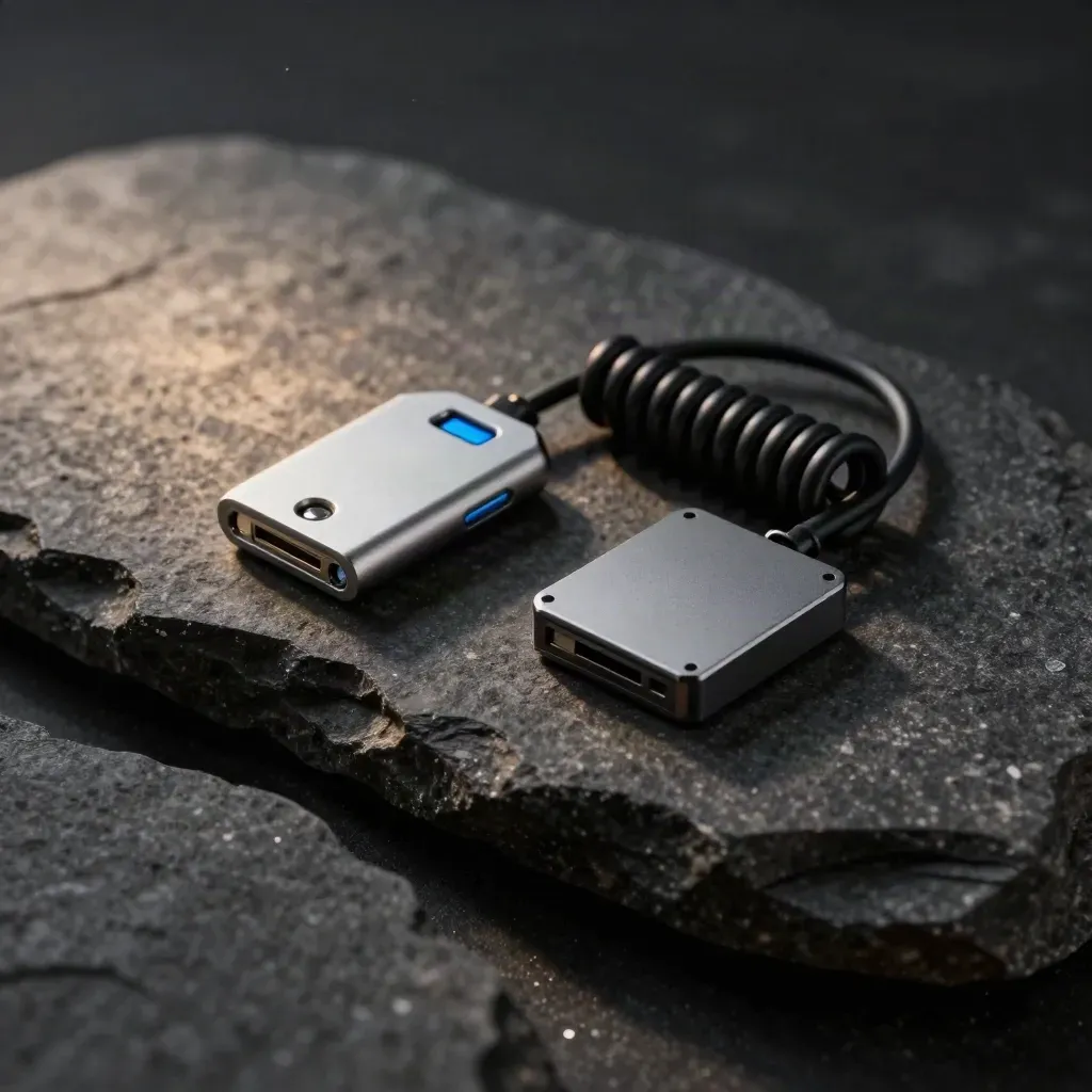 Macro overhead still life of a hardware key, sealed node module and cable tie on dark stone.