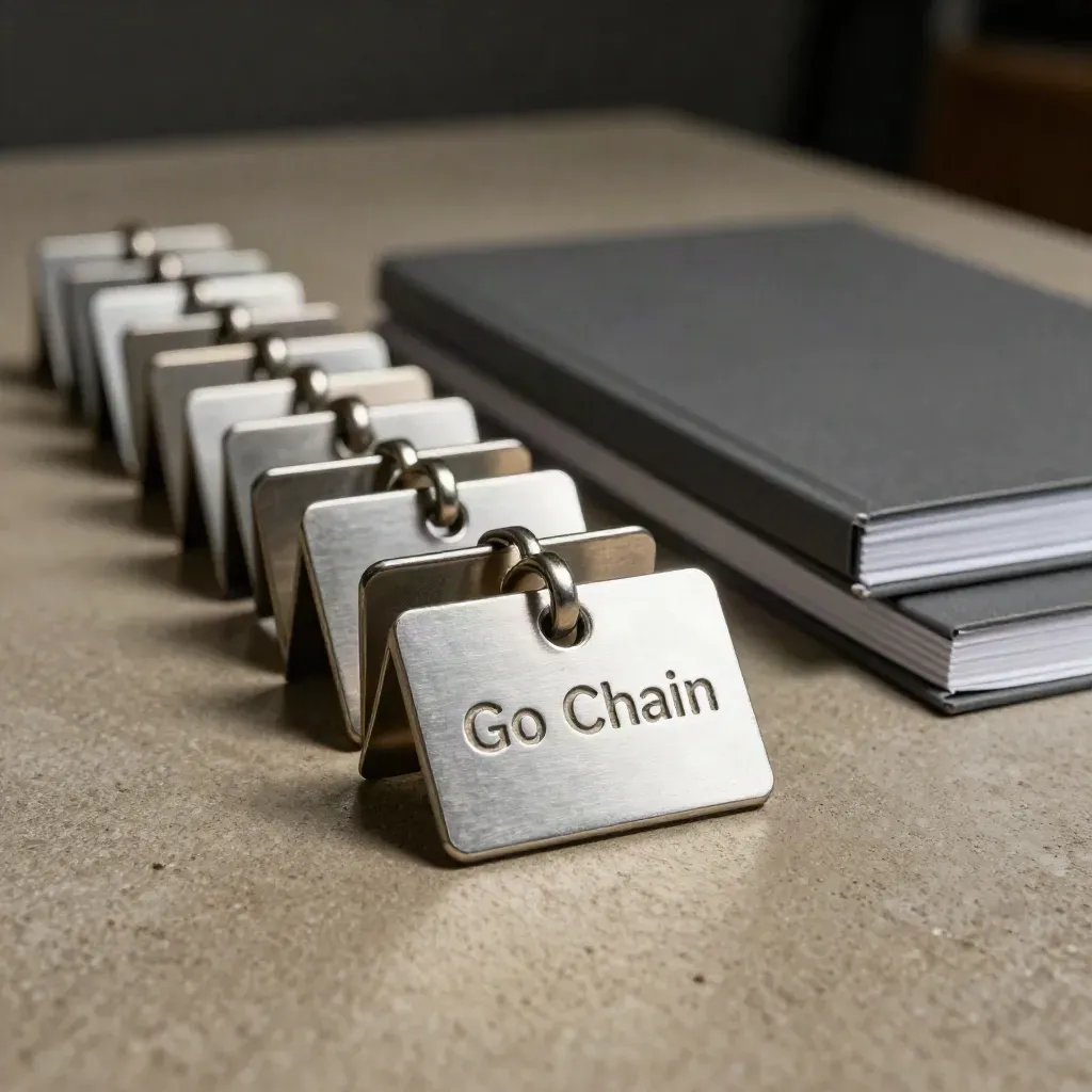 Stamped metal audit tags and ledger blocks on brushed concrete in dramatic studio light.