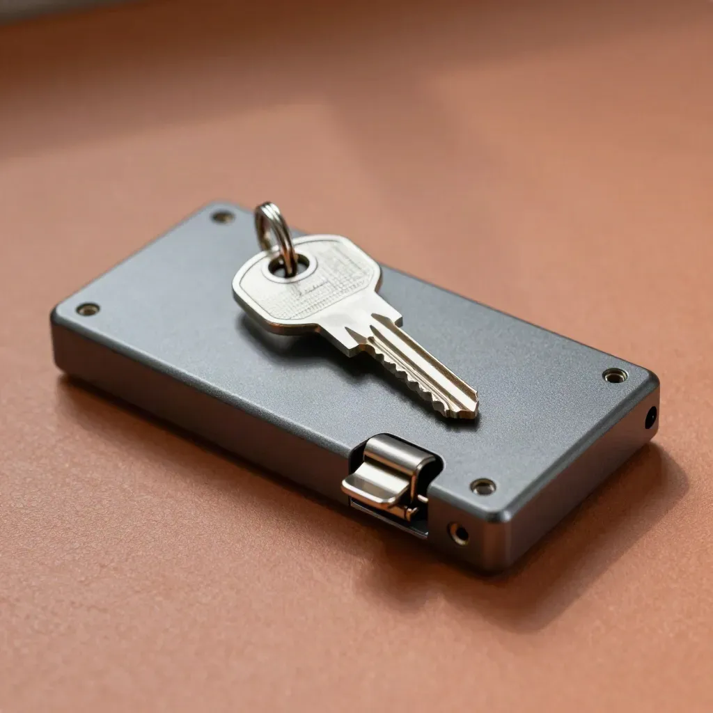Overhead still life of wallet keys, server sled and half-open deployment latch on warm plaster.