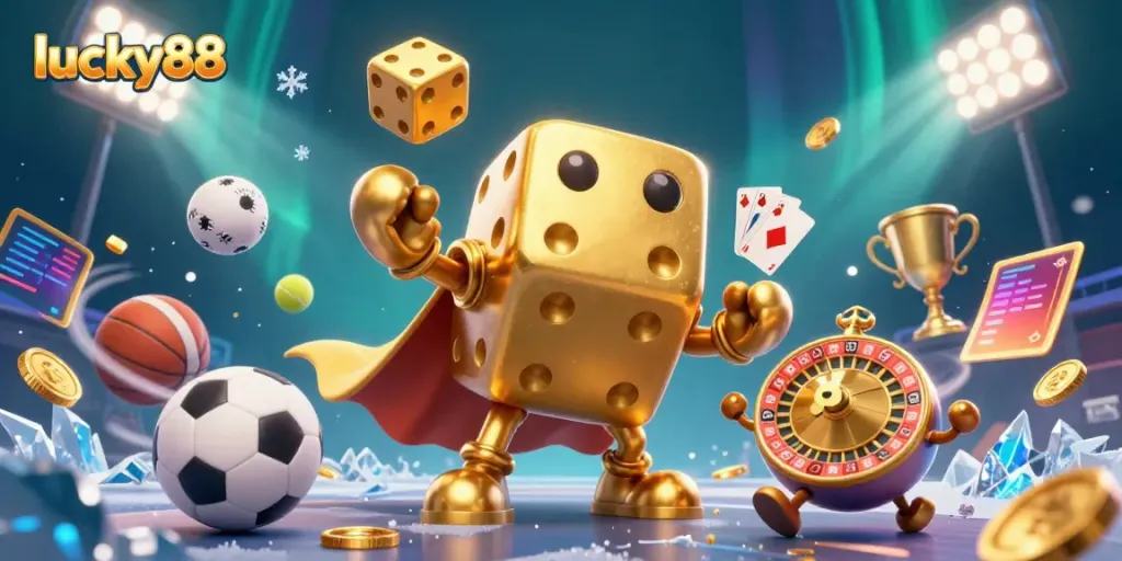 Experience excitement with lucky88 in a vibrant 3D scene featuring gaming elements.