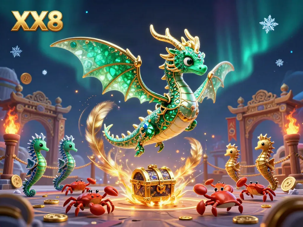 Experience the premium gaming world of XX8 with a vibrant sea dragon and dynamic treasure elements.