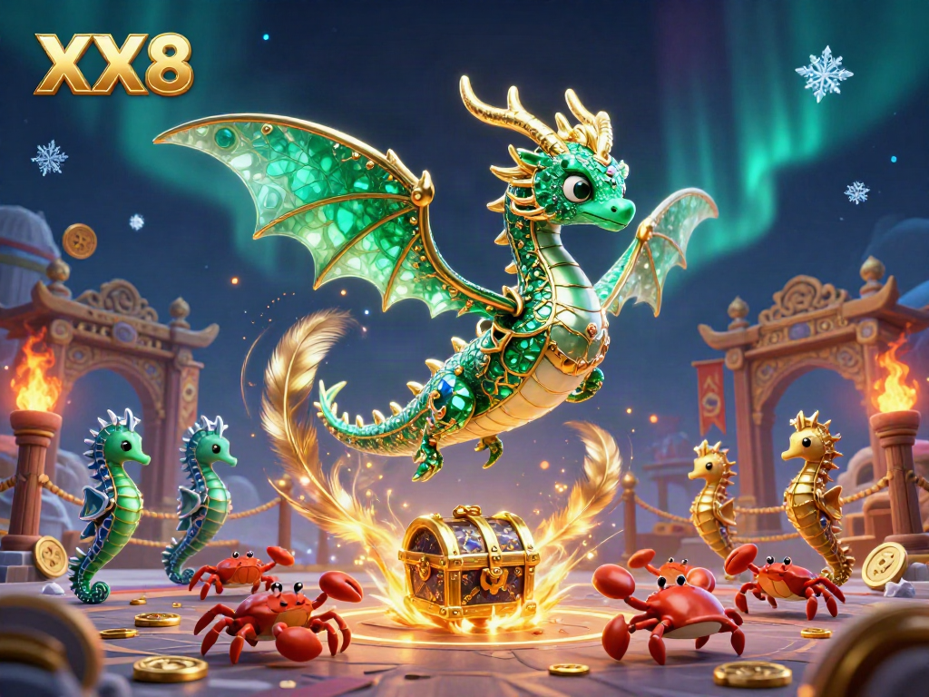 Experience the premium gaming world of XX8 with a vibrant sea dragon and dynamic treasure elements.