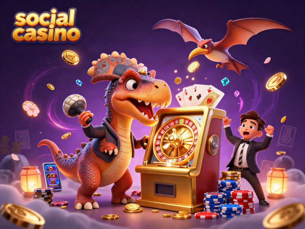 Engaging social casino scene with animated dinosaurs and vibrant gaming elements.