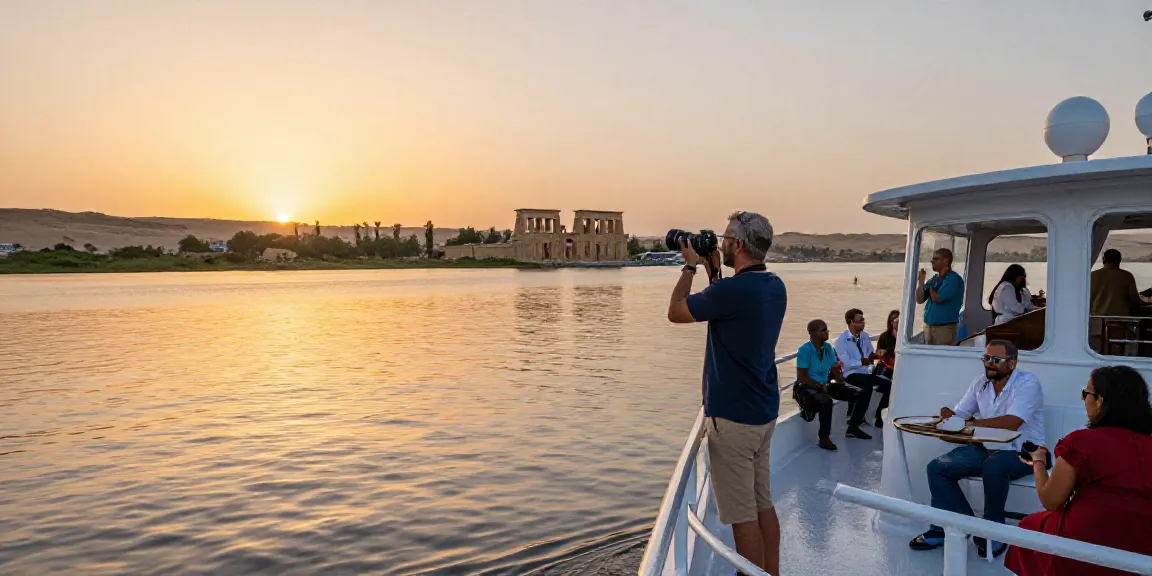 Enjoying a Lake Nasser Cruise at sunset, with ancient temples in view.