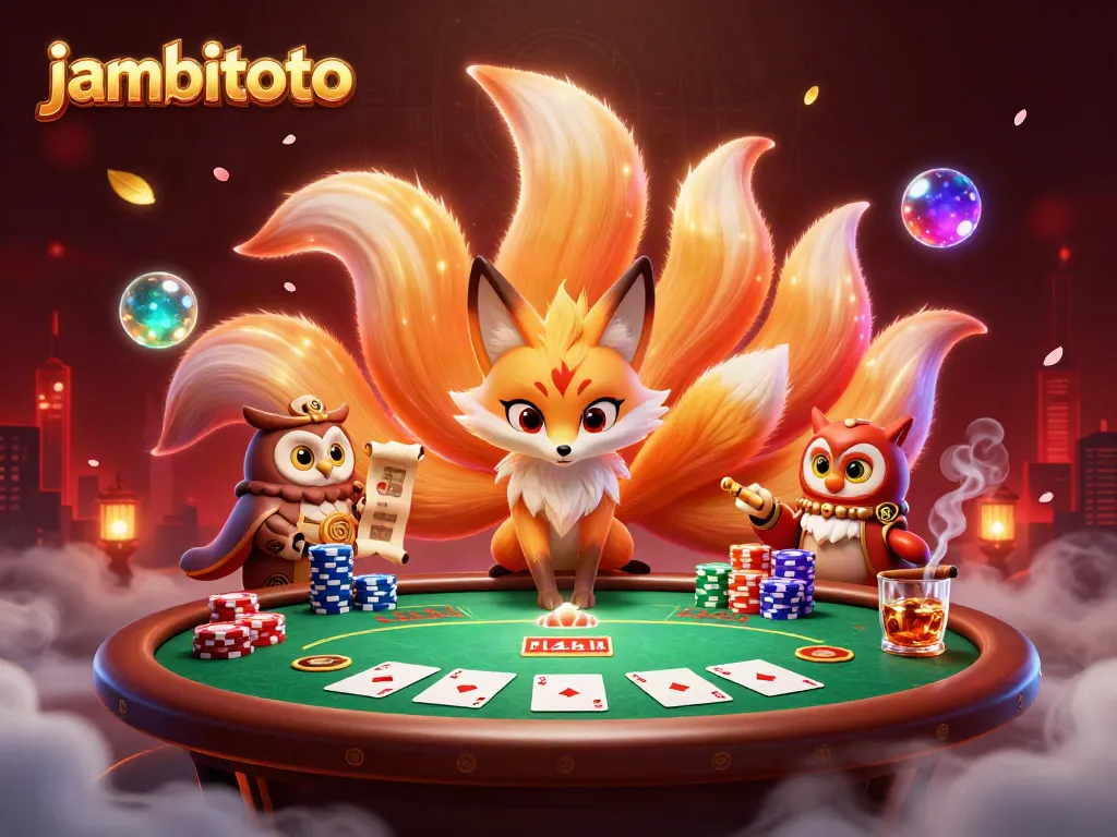 Engage with jambitoto's vibrant gambling scene, featuring a fox spirit, wise owl, and poker elements.