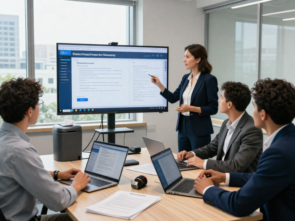 Document fraud detection analysis in a modern office, showcasing real-time data visuals and team engagement.