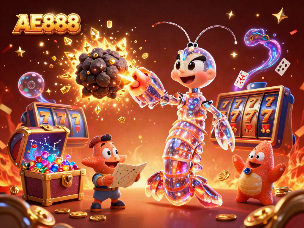 AE888 casino excitement ignited as the galactic samurai mantis shrimp celebrates with gems and coins.