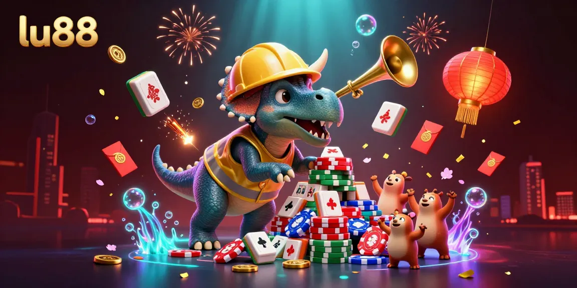 Experience lu88's thrilling excitement as a triceratops builds poker chip pyramids amid festive gaming elements.