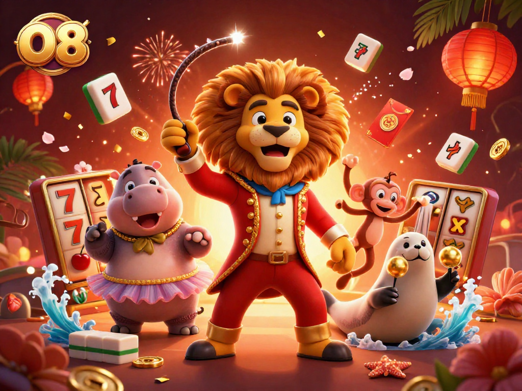 Spin and win with O8's vibrant casino-themed illustration featuring lively characters.