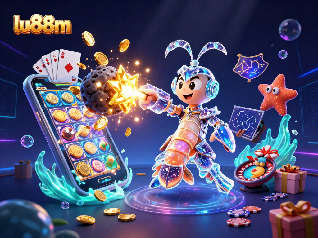 Experience lu88m's explosive slots action with 3D casino characters amidst golden gems and coins.