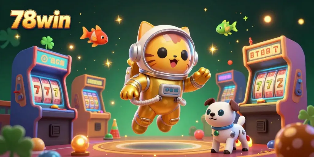 Join the fun at 78win with an adventurous cat and robotic dog in this vibrant casino scene.