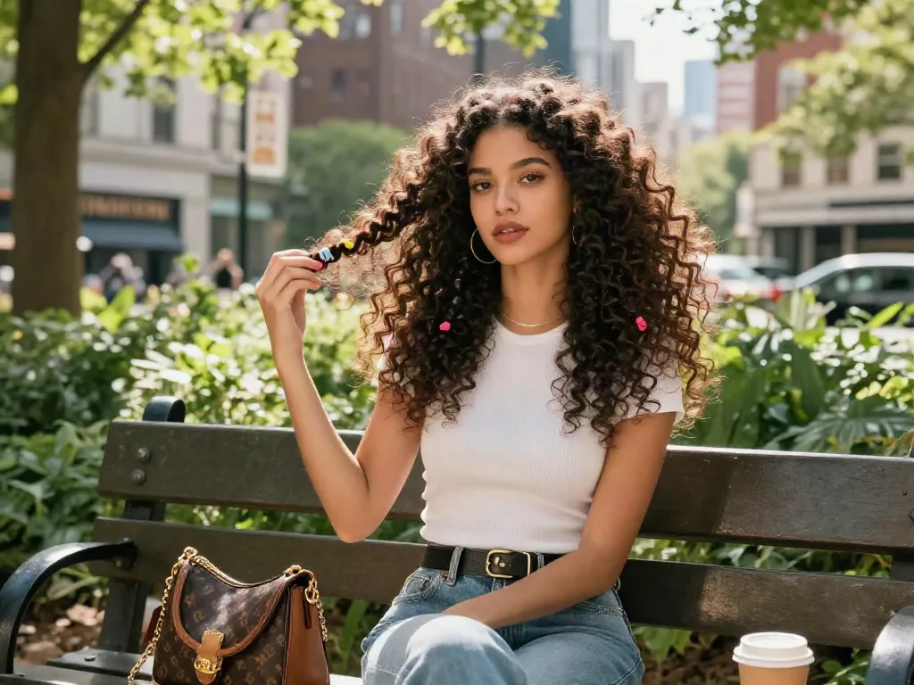 Young woman showcasing curly hair extensions in a bright urban park setting, highlighting stylish looks and confidence.