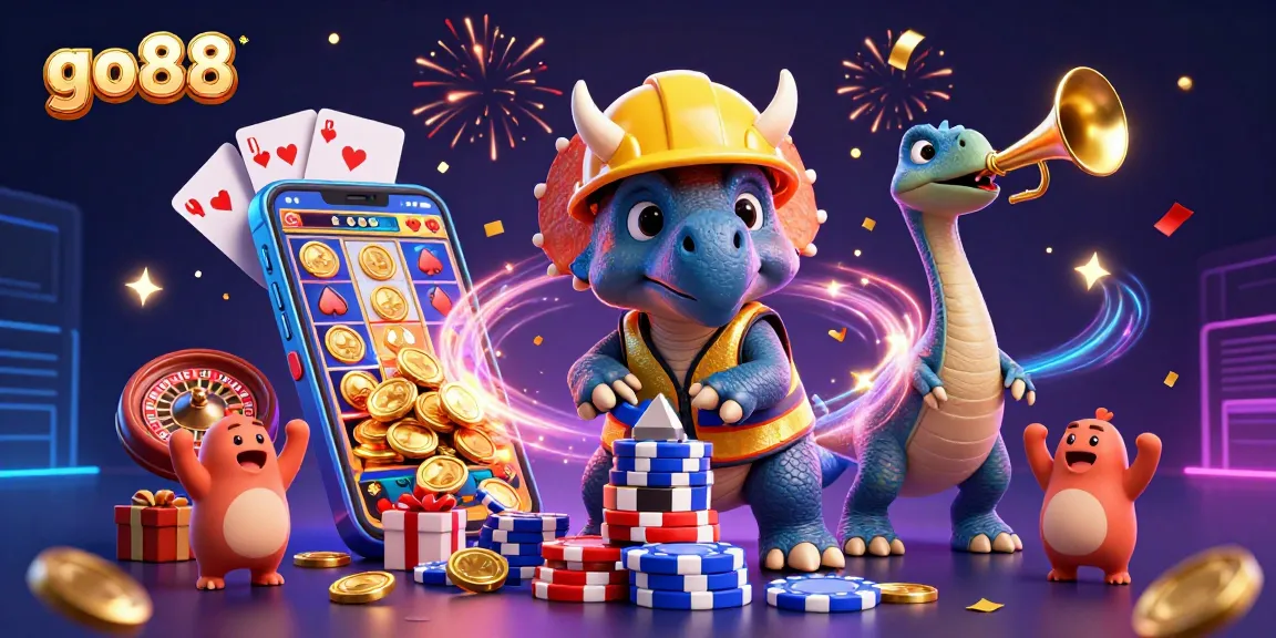 Immerse in go88's vibrant casino world with a triceratops building poker chips amid colorful celebrations.