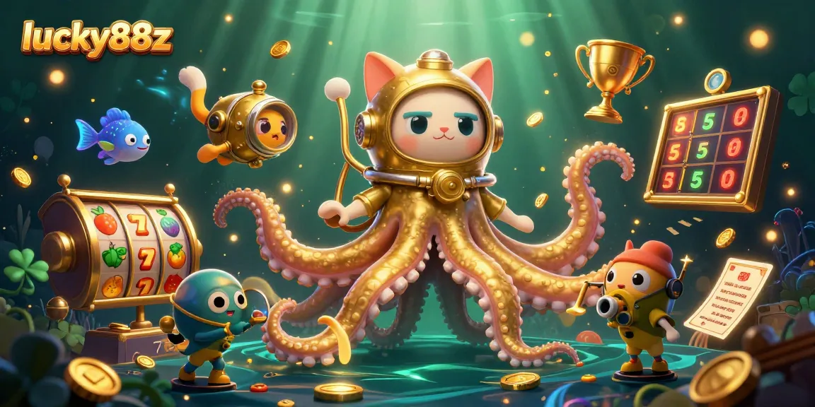 Engage with lucky88z in a vibrant 3D scene featuring kraken, diving cat, and casino elements.