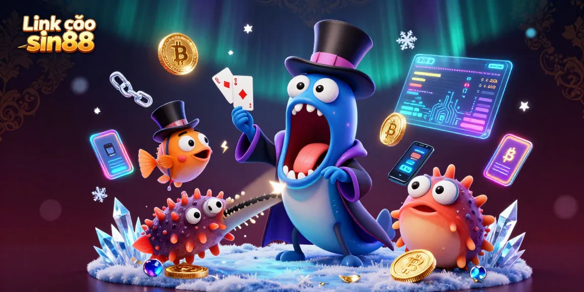 Engage with Link vào sin88 in a vibrant, magical casino environment featuring animated characters and crypto elements.