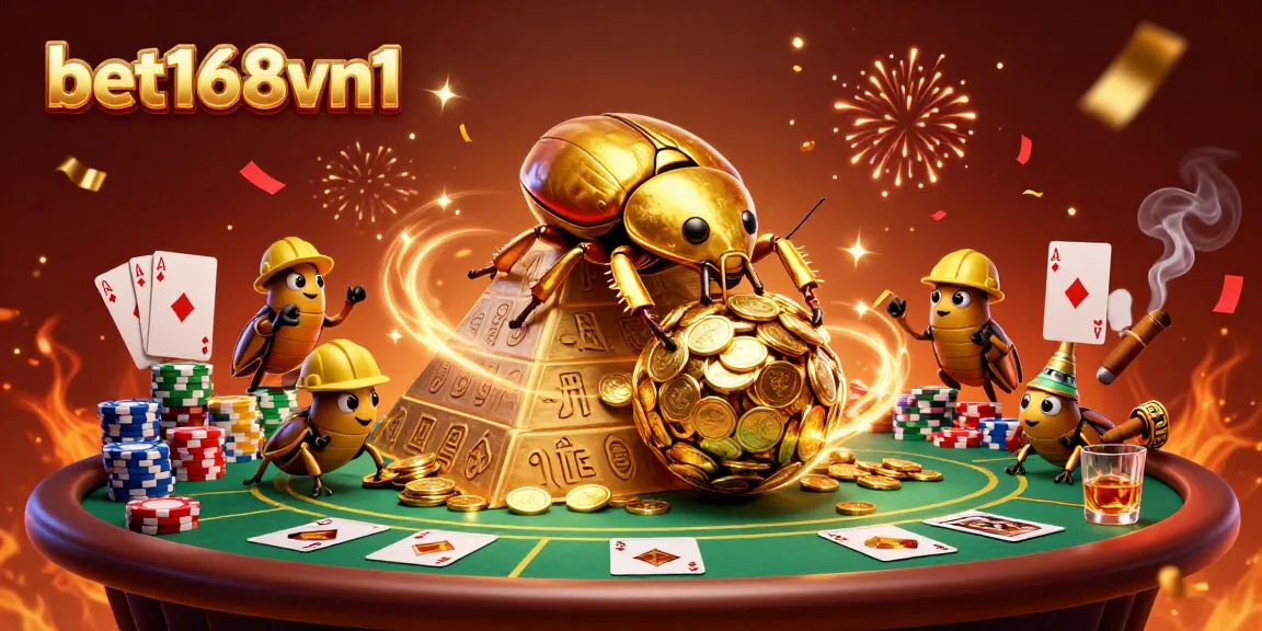 Experience the excitement of bet168vn1 with vibrant casino-themed 3D illustration featuring golden beetles and poker elements.