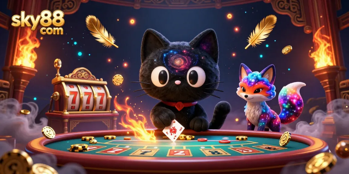 Engage with the cosmic gaming experience at sky88 com, featuring a black hole cat at a casino table.