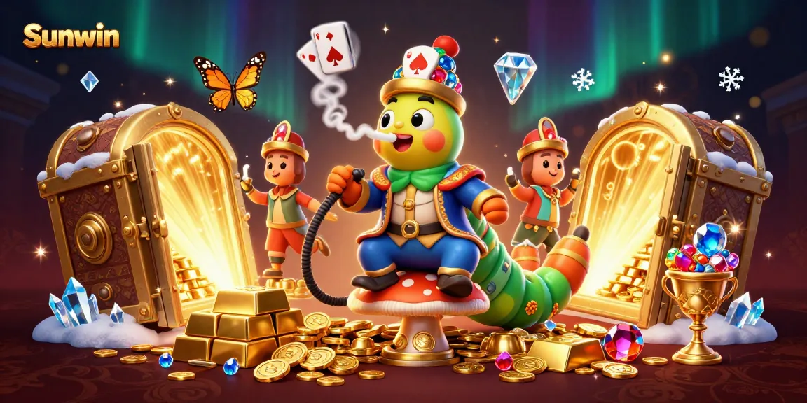 Win big at Sunwin with an exciting cartoon scene of a giant caterpillar hookah-master amid treasure and gambling symbols.