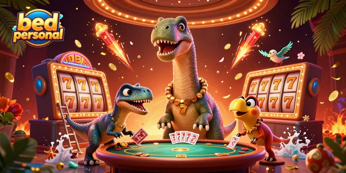 Experience thrilling entertainment with bed personal at this vibrant casino illustration featuring dinosaurs and dynamic game elements.