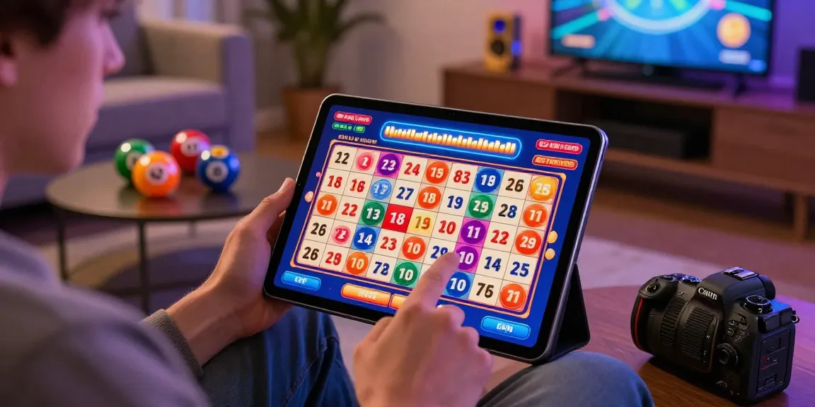 Pemain menikmati pengalaman Toto dengan tablet di ruang modern, dikelilingi grafik permainan lotere yang cerah.