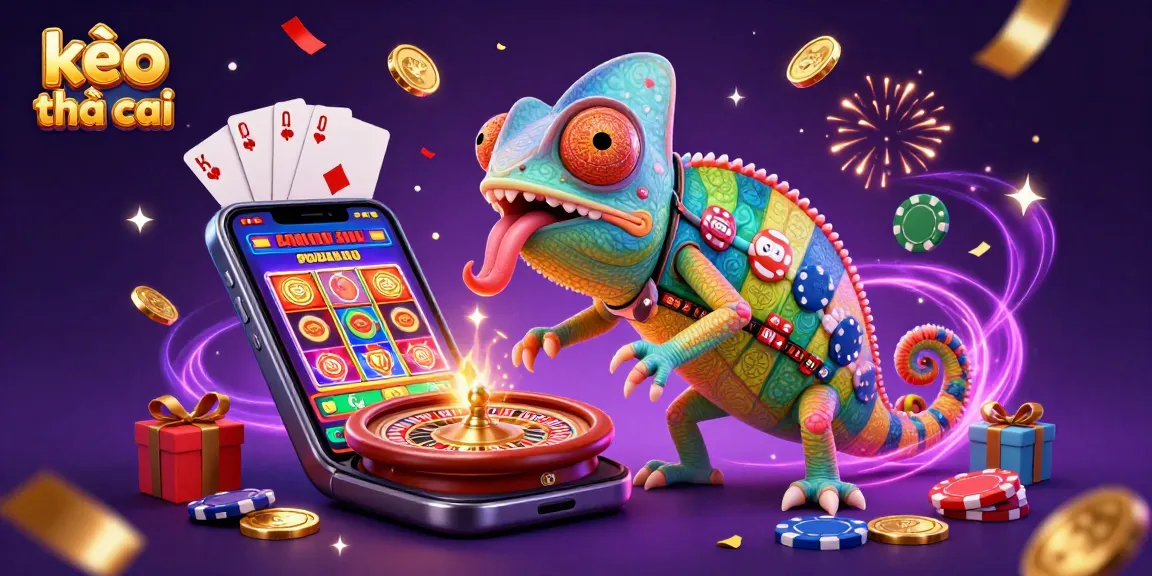 Engage in kèo nhà cái with a vivid 3D illustration of a chameleon casino owner amidst gaming elements.