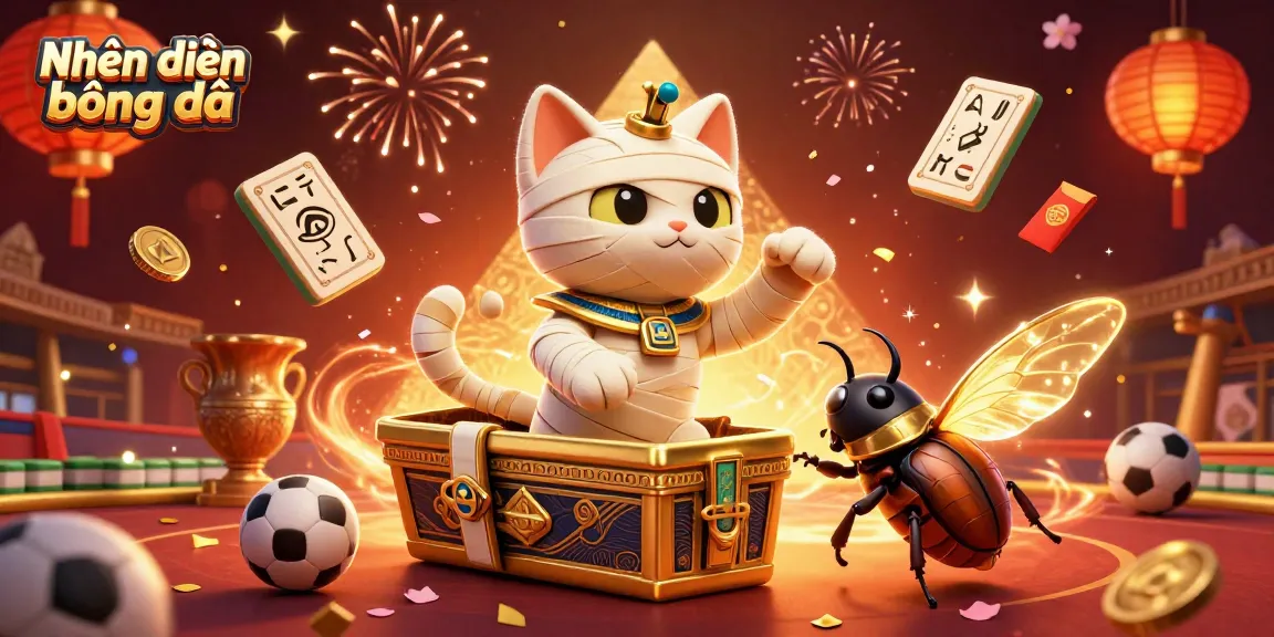 Experience Nhận định bóng đá with our dynamic sports betting scene featuring a mummy cat and a scarab beetle.