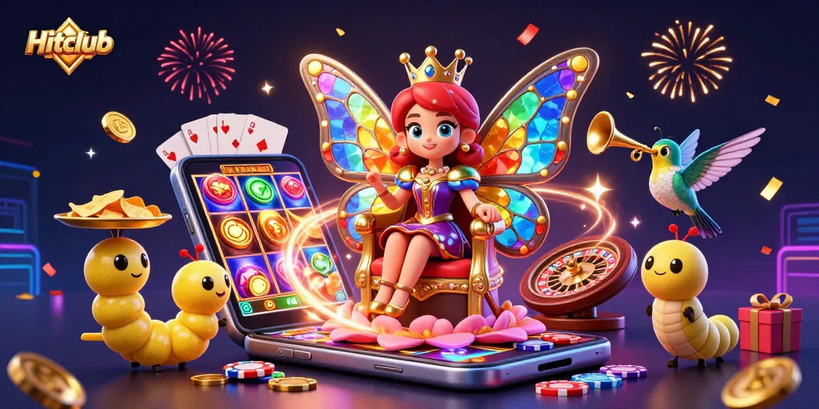 Spin the reels with Hitclub's vibrant gaming experience, featuring an enchanting butterfly queen and immersive casino elements.