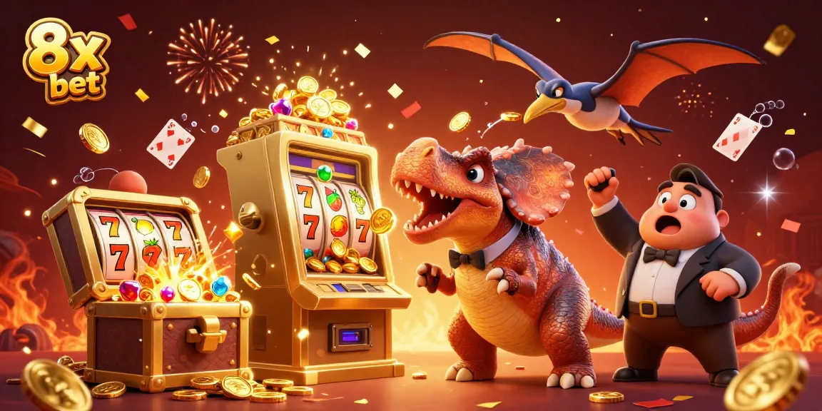 Exciting scene of 8x bet with dinosaur characters celebrating a jackpot payout from slot machines, filled with dynamic casino elements.