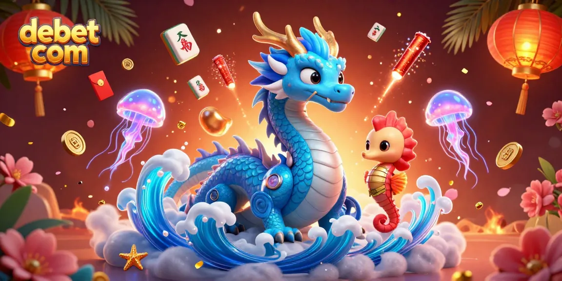 Experience the thrill of debet com with a vibrant 3D scene featuring a dragon, seahorse knight, and jellyfish.