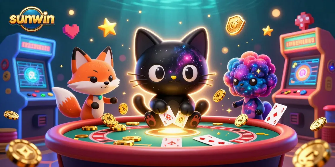 Experience an energetic cosmic casino scene with sunwin's black hole cat winning golden chips and cards.