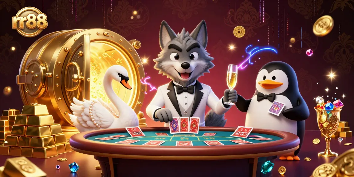 Experience luxury gaming at rr88 with a debonair wolf, elegant swan, and sophisticated penguin in a vibrant casino.