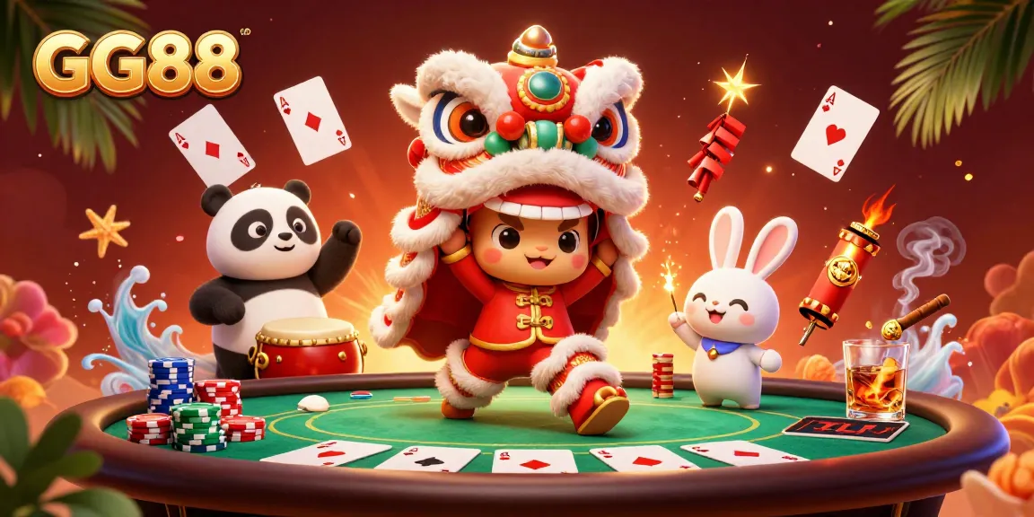 Engage with GG88's vibrant gaming scene, featuring lively characters and poker elements illuminating the excitement.