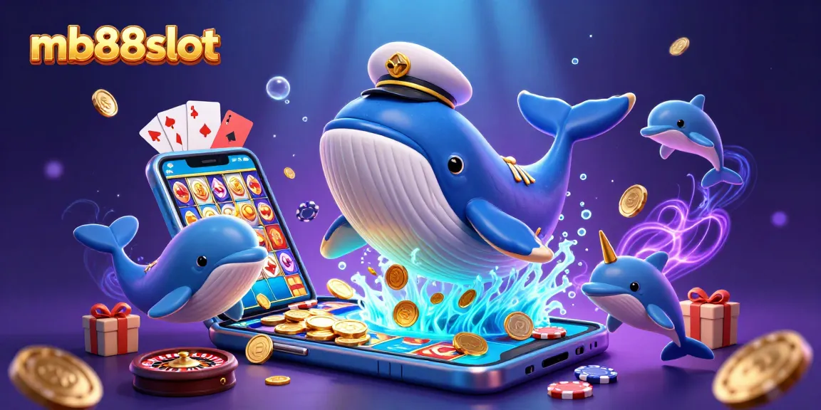 Immerse in mb88slot's vibrant universe where a whale and friends celebrate wins with golden coins.