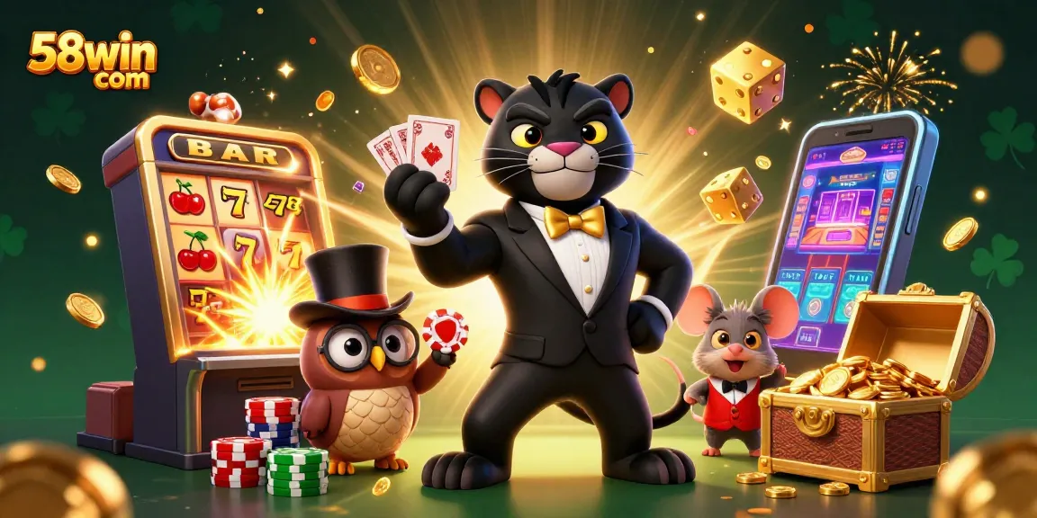 Experience the thrill of 58win com with a dynamic casino scene featuring playful characters and jackpot excitement.