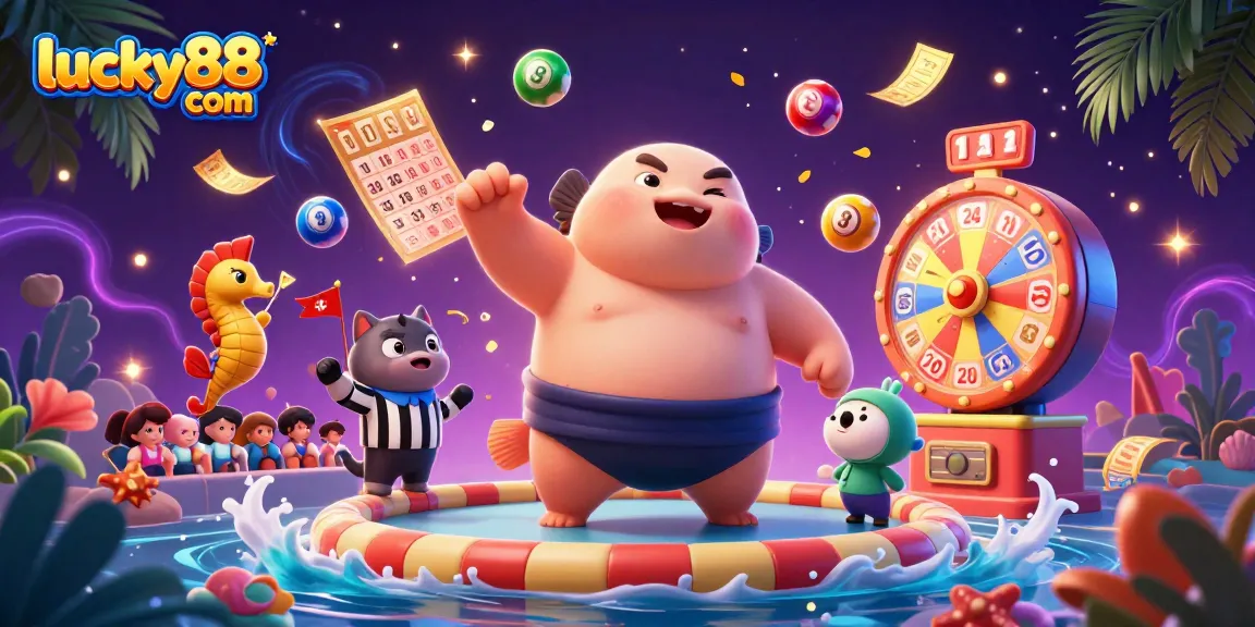 Play thrilling games at lucky88 com with an engaging underwater lottery scene featuring a fugu and vibrant game elements.