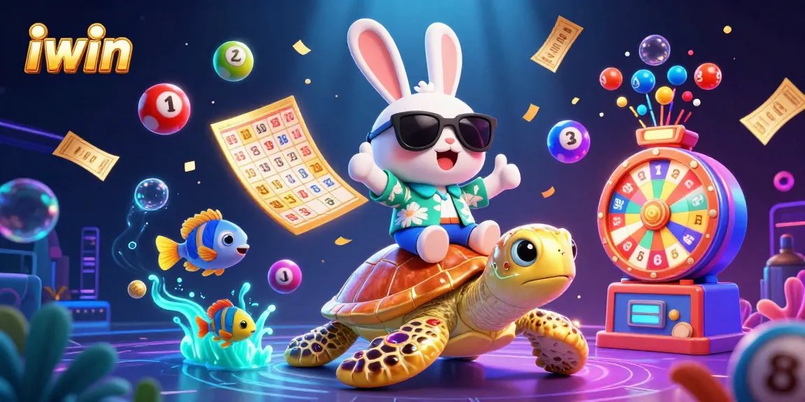 Join the iwin casino fun with vibrant prizes and a lucky rabbit riding a golden turtle!