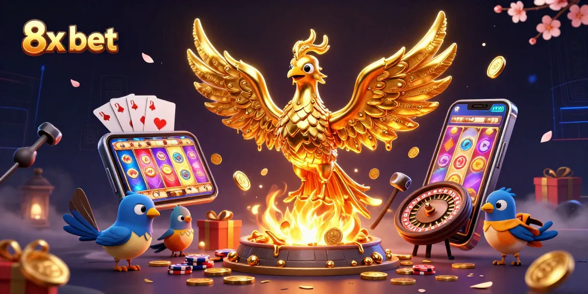 Experience thrilling 8x bet action with a golden phoenix, dynamic gaming elements, and rich details.