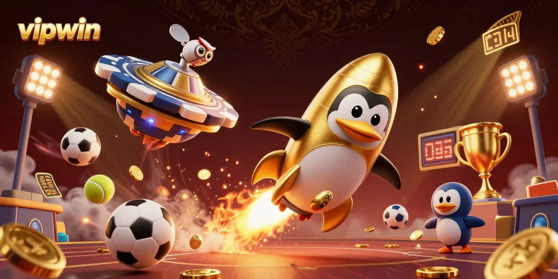 Experience thrilling action with vipwin as a golden penguin soars toward a casino space station.