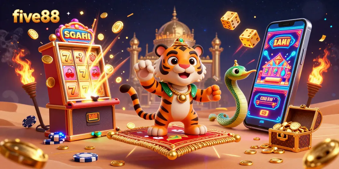 Experience five88's thrilling casino atmosphere with a vibrant jackpot explosion and cartoon characters