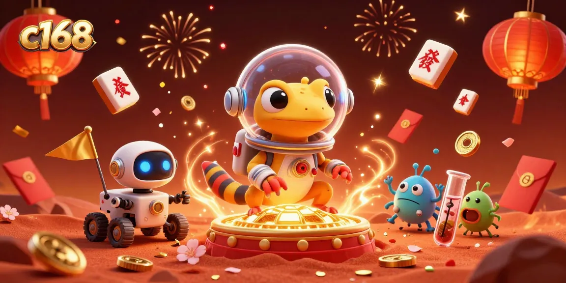 Immerse in the thrilling world of c168 with a Martian gecko discovering a golden casino amidst vibrant celebrations.