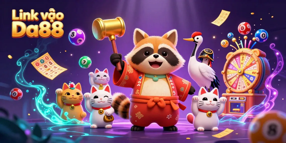 Join the fun and excitement at Link vào Da88 with colorful lottery balls, a lucky tanuki, and an engaging prize atmosphere!